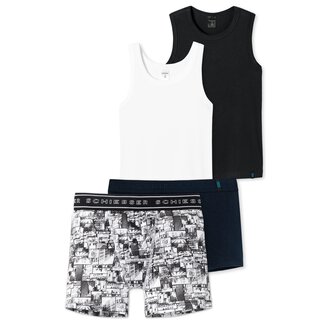 Schiesser Jungen Teens - großes Unterwäsche Set Unterhemd + Cyclist-Shorts aus der Serie Metropolitan Black & White