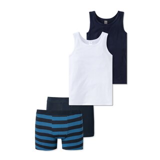 Schiesser Jungen Teens -  großes 4-teiliges Unterwäsche Set Unterhemd  + Shorts aus der  Serie 95/5 Blau / Weiiß