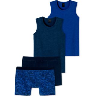 Schiesser Jungen Teens -  großes 4 teiliges Unterwäsche Set  Unterhemd + Shorts aus der Serie Surfer Style Blau / Royal
