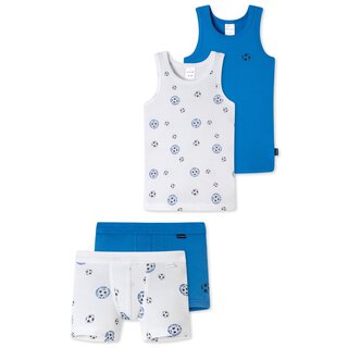 Schiesser Jungen -  Fußball Soccer großes 4 - teiliges Unterwäsche Set Unterhemd + Shorts Blau / Weiß